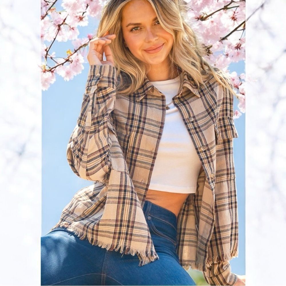 Tan Button Up Raw Hem Plaid Shirt NWT - And The Why